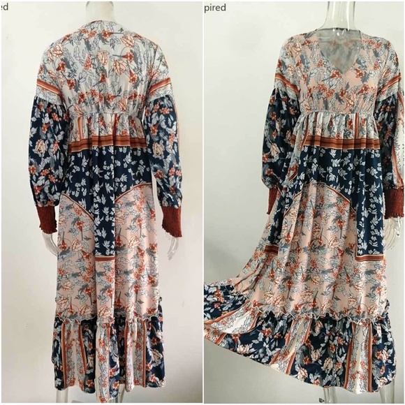 Bohemian Blue Brown Floral Print Midi Dress - Picture 6 of 6